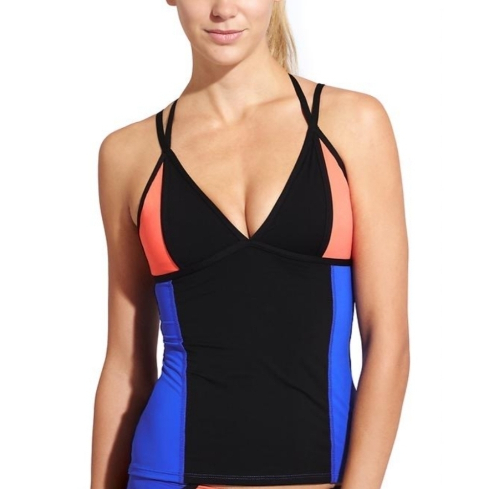 Athleta Colorblock Tankini Top Women's Small S Swimwear Black Blue Coral EUC